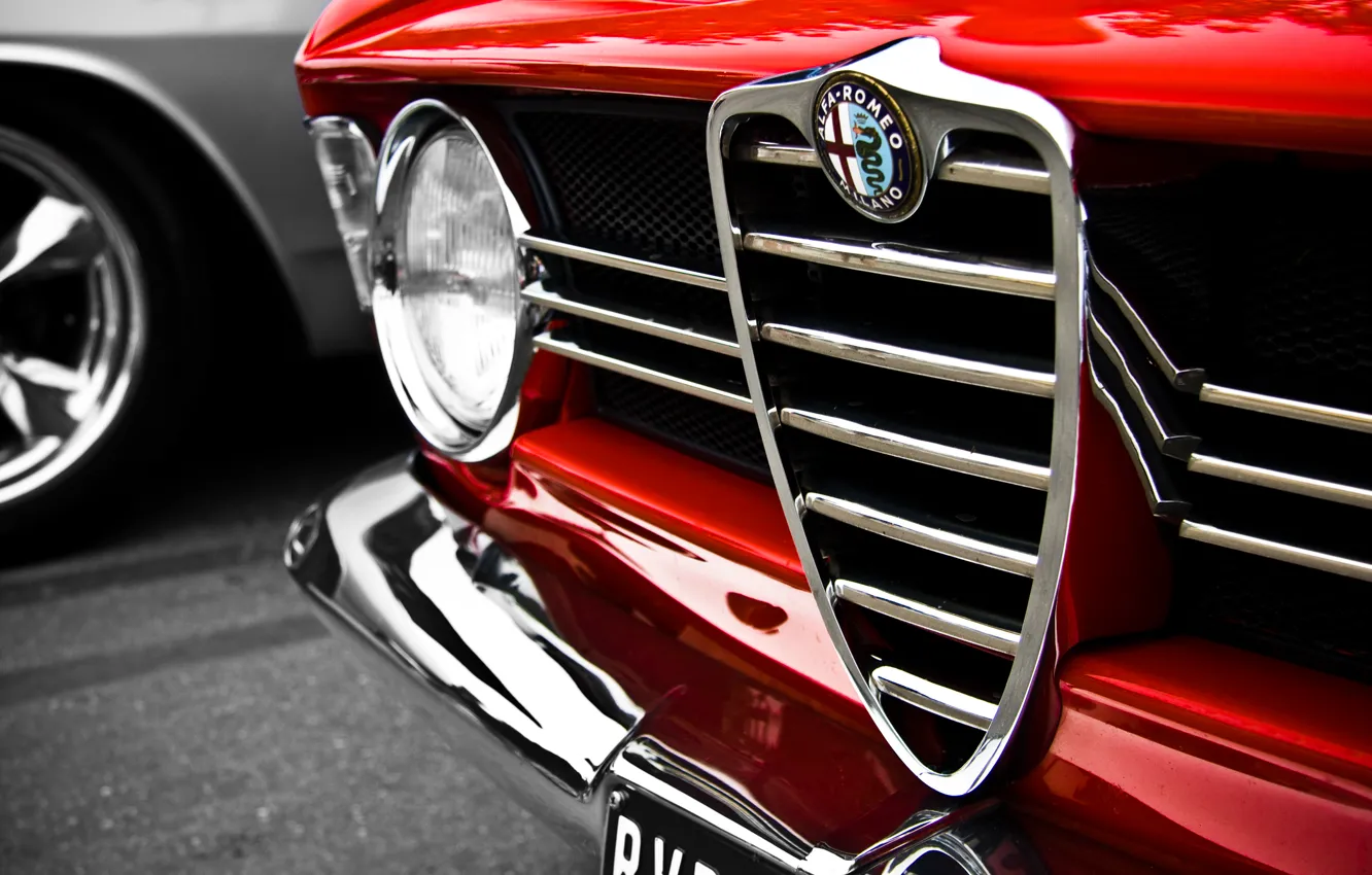 Фото обои макро, красный, Alfa Romeo, red, logo, альфа ромео, macro