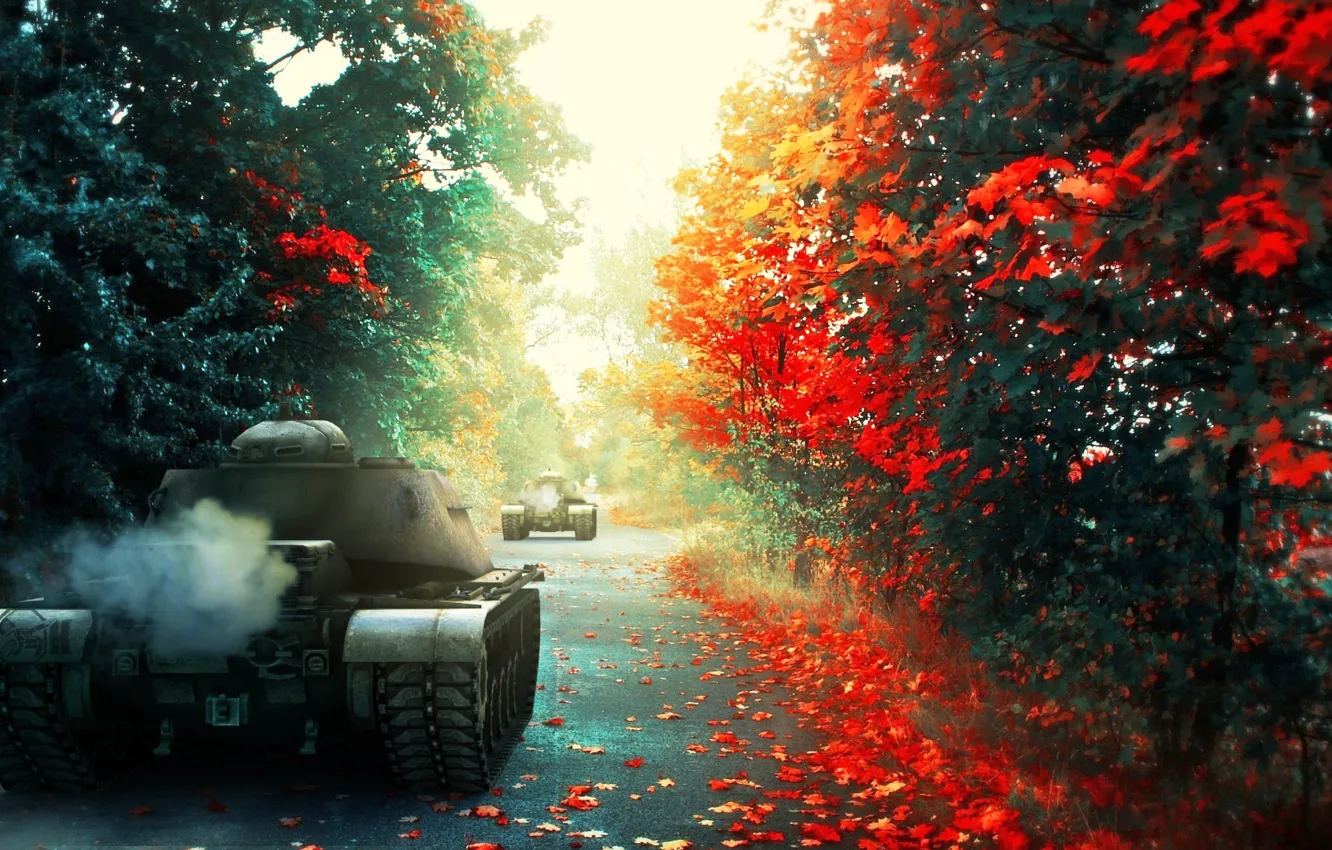 Фото обои дорога, осень, лес, арт, танки, WoT, World of Tanks, С.Т.В.О.Л., ...