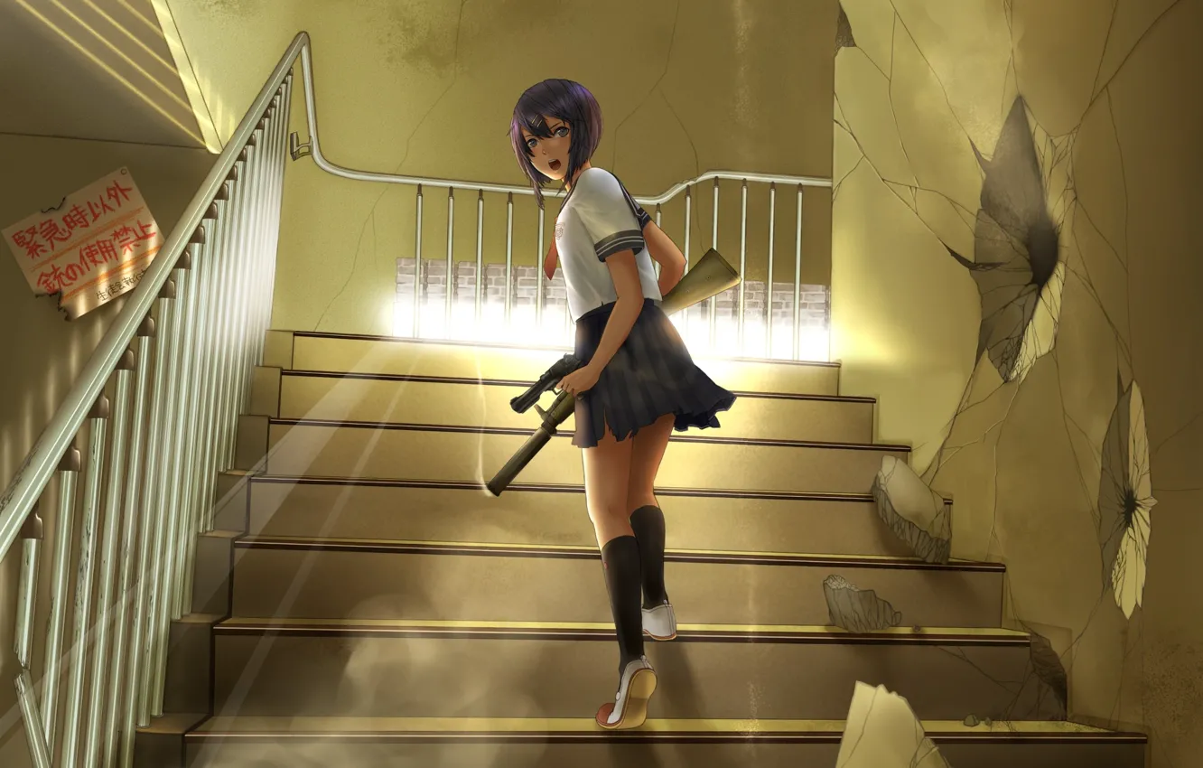 Фото обои оружие, школьница, Gun, бежит, лестнице
