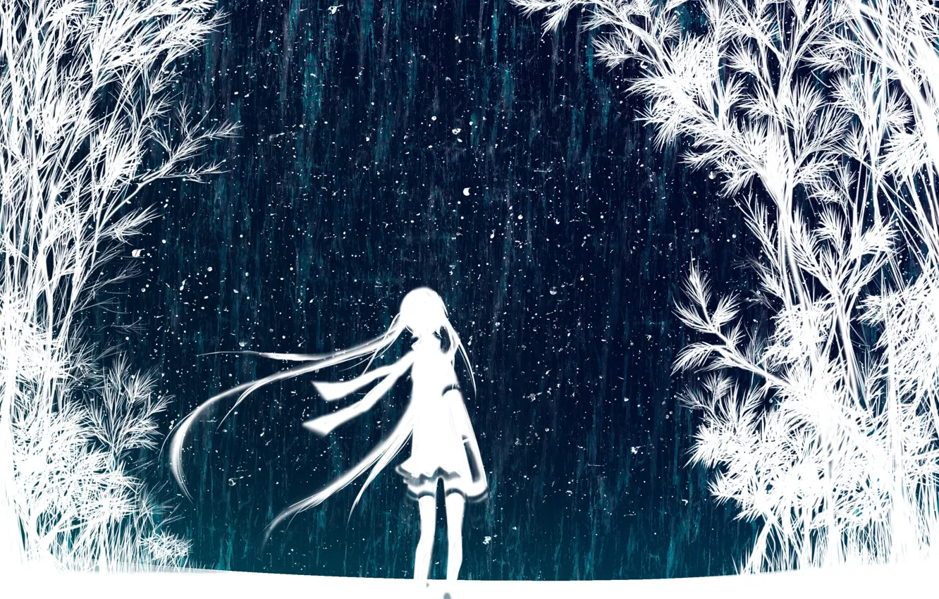 Фото обои небо, девушка, звезды, деревья, ночь, арт, vocaloid, hatsune miku, вокалоид, хатсуне мику