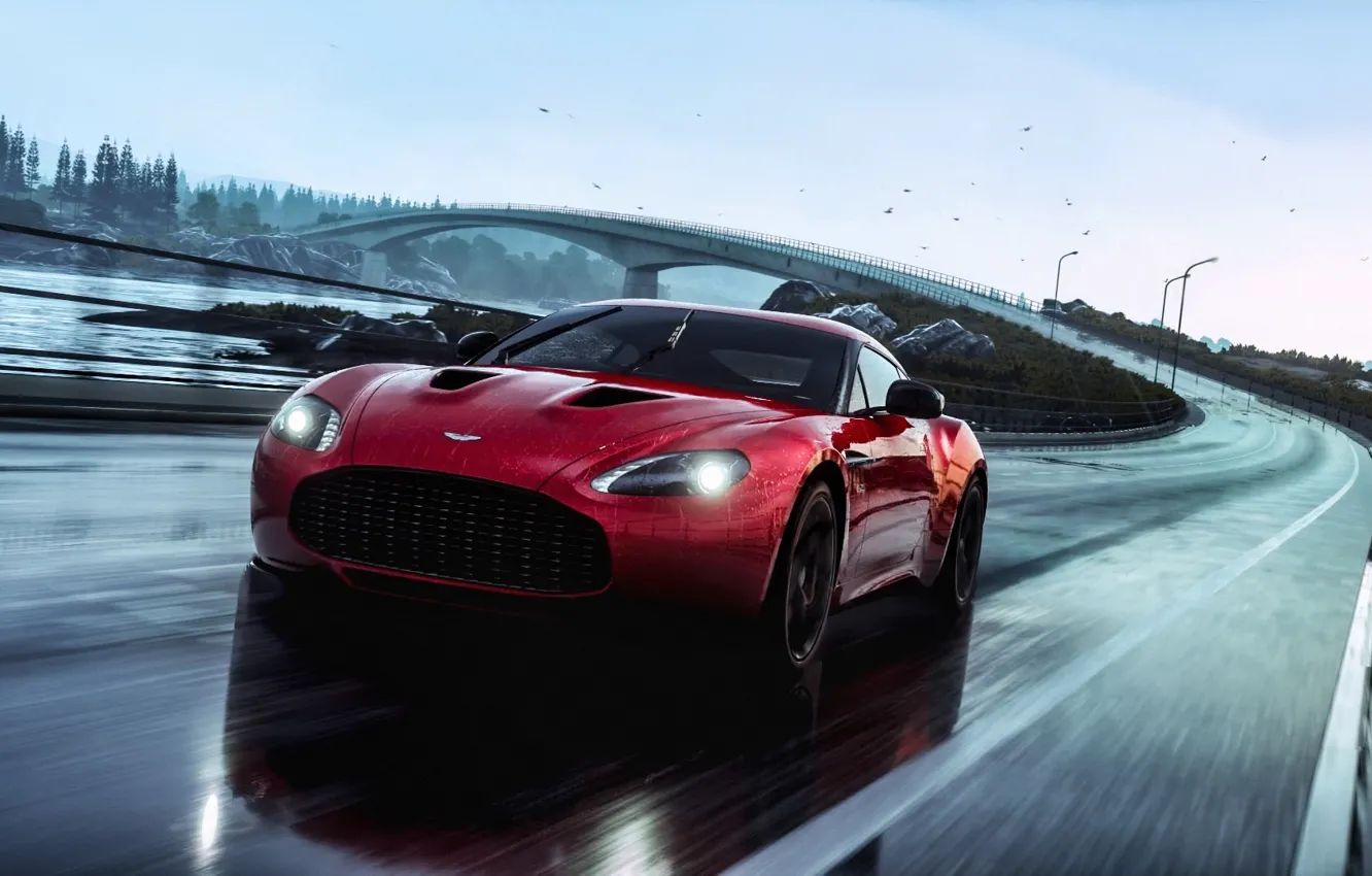 Фото обои Aston Martin, Red, Car, Speed, V12, Rain, Road, Zagato