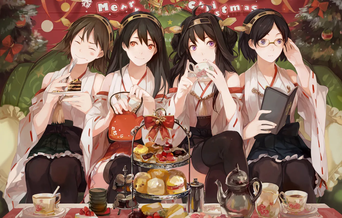 Фото обои merry christmas, tea, anime girls, kantai collection, kongou