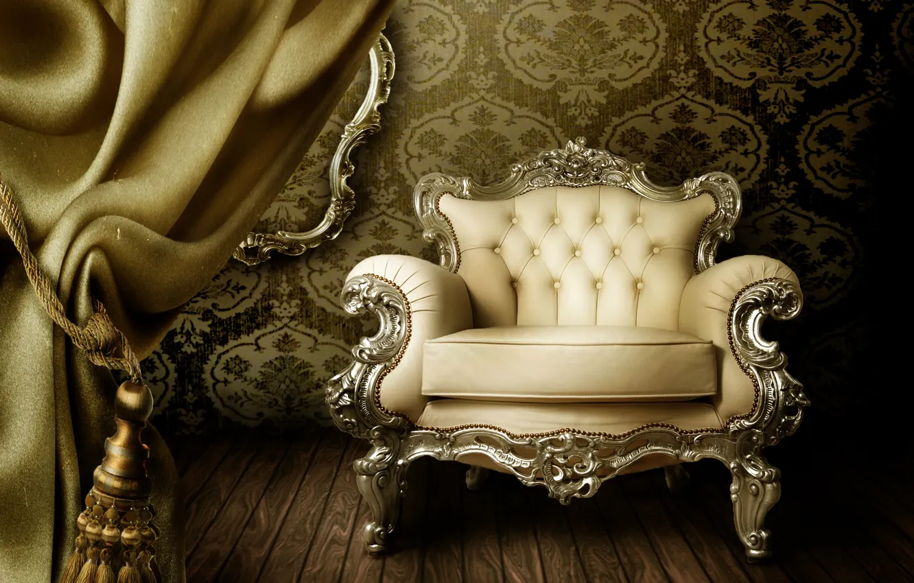 Фото обои обои, кресло, шторы, vintage, interior, luxury, curtain