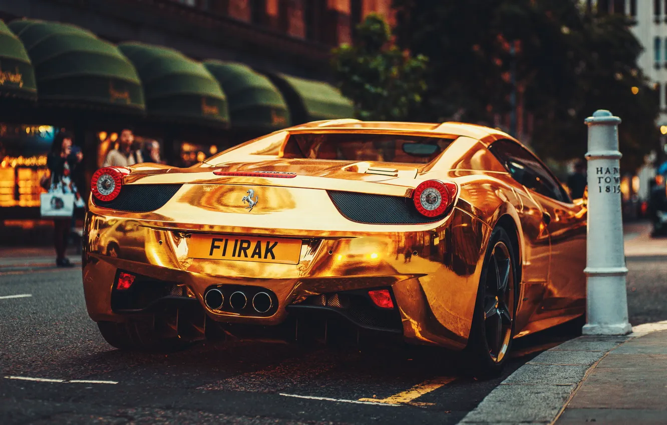 Фото обои Феррари, Зад, Италия, Ferrari, Золотой, 458, Суперкар, Italia, Supercar, Gold, Rear