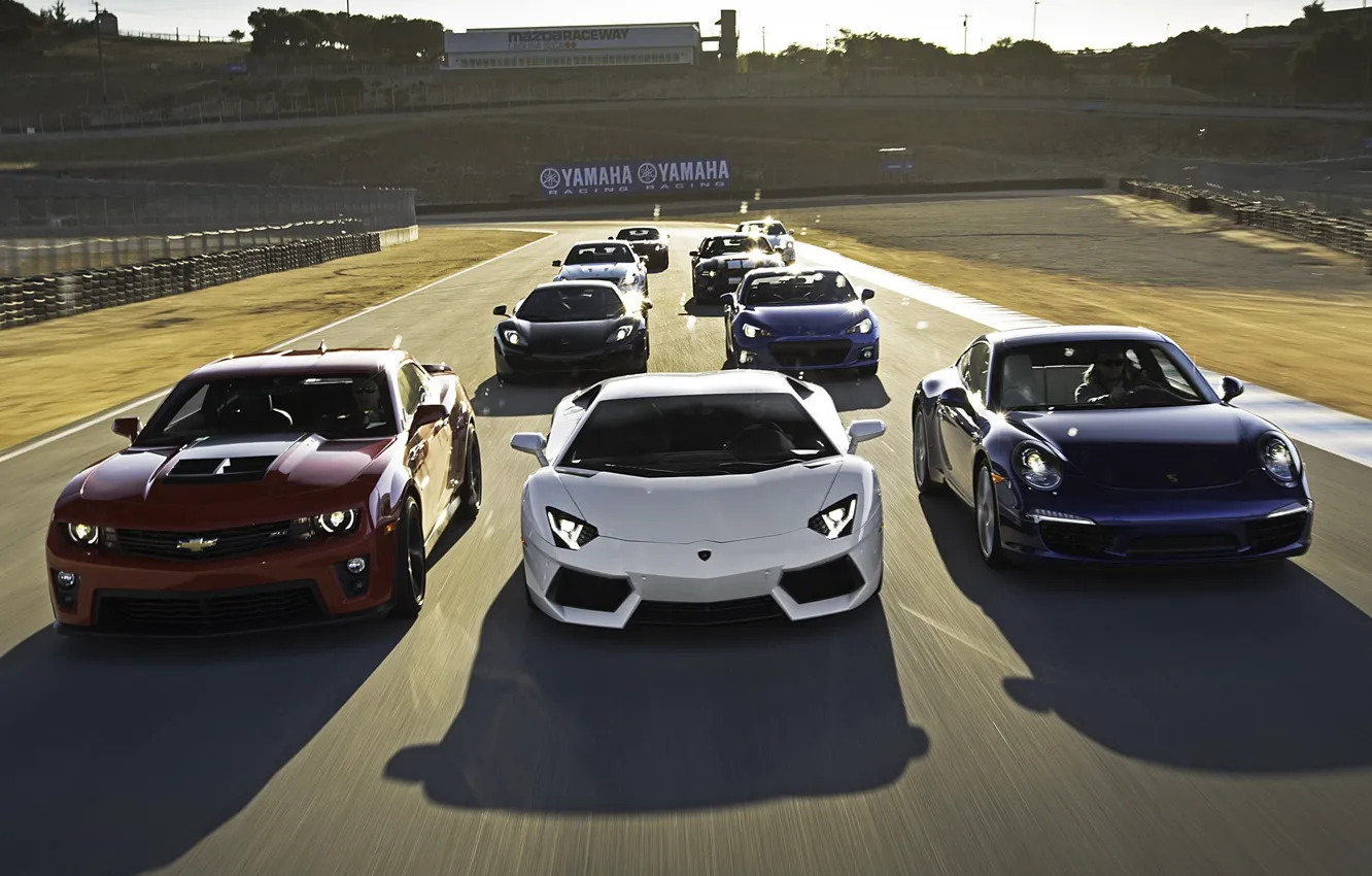 Фото обои гонка, класс, трек, спорткары, Chevrolet Camaro, McLaren MP4-12C, Lamborghini Aventador LP700-4, subaru brz 2.0s, Porsche …