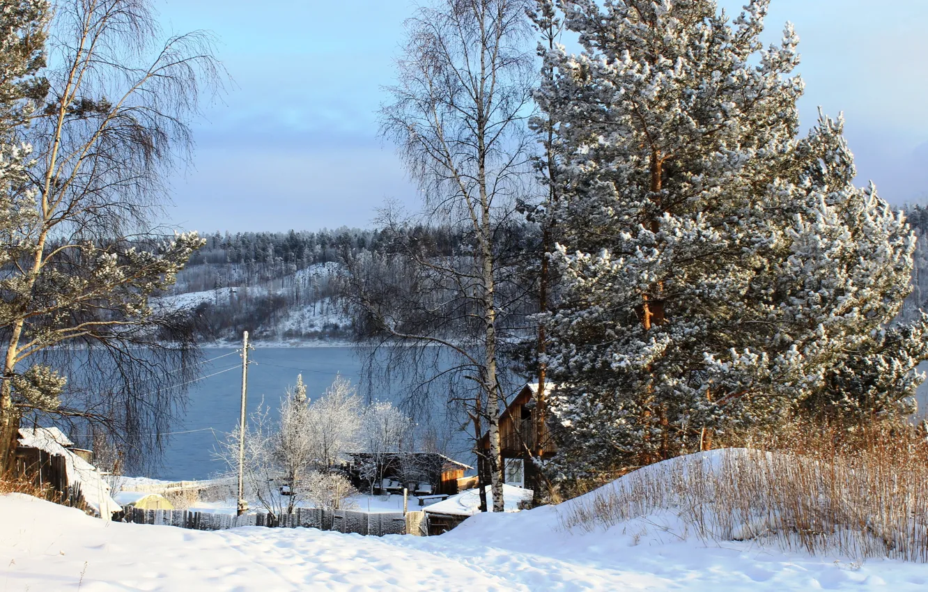 Фото обои зима, снег, деревья, природа, река, фото, Россия