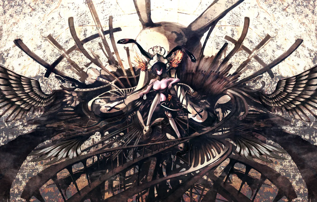 Фото обои грудь, девушка, кресты, череп, крылья, аниме, корона, арт, iori