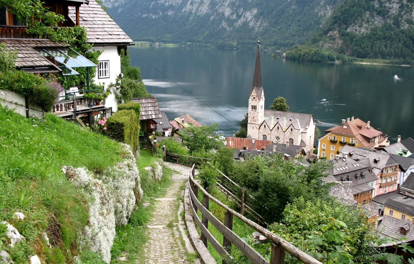 Фото обои дома, Австрия, Austria, Hallstatt, Гальштатское озеро