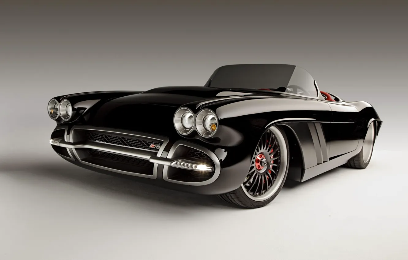 Фото обои чёрный, тюнинг, Corvette, Chevrolet, tuning, передок, ренднринг, by Roadster Shop, 1962, шевроле.корвет