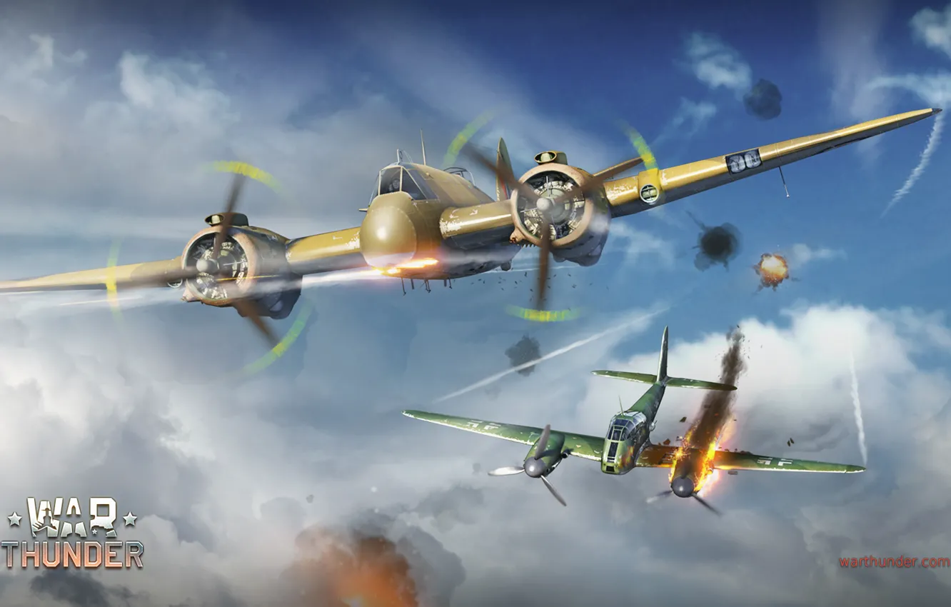 Фото обои небо, облака, пламя, истребитель, Messerschmitt, британский, немецкий, двухмоторный, поршневой, Hornisse, тяжёлый, War Thunder, Bristol, торпедоносец, …