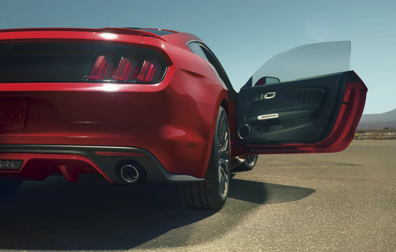 Фото обои красный, Mustang, Ford, мустанг, red, мускул кар, форд, muscle car, rear, открытая дверь