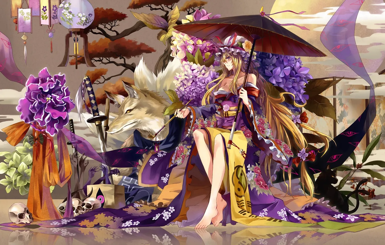 Фото обои девушка, цветы, дерево, череп, волк, трубка, меч, катана, зонт, фонари, кимоно, гортензия, Touhou, yakumo yukari, …