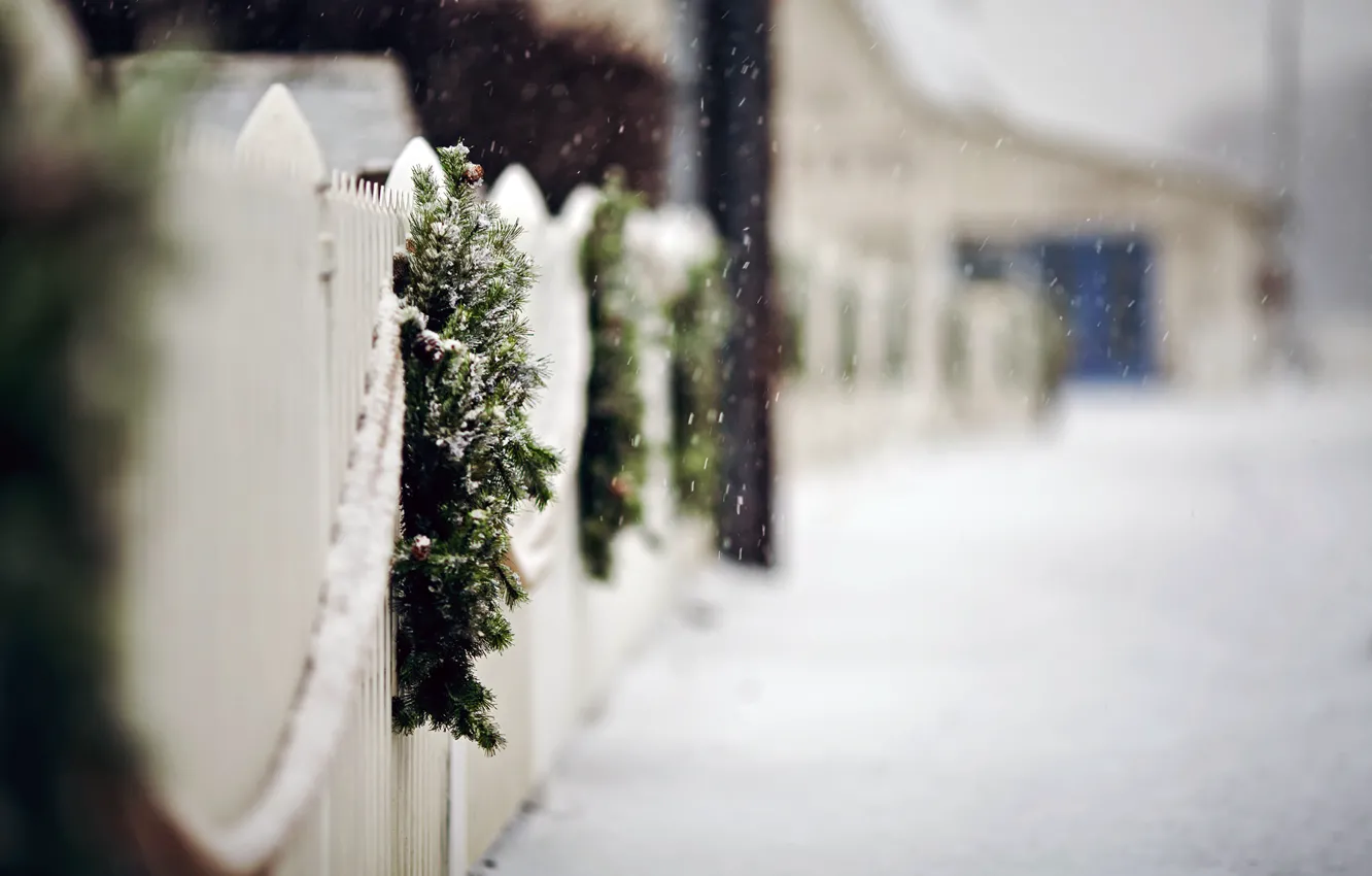 Фото обои зима, дорога, снег, снежинки, ветки, забор, ель, ограда, венки