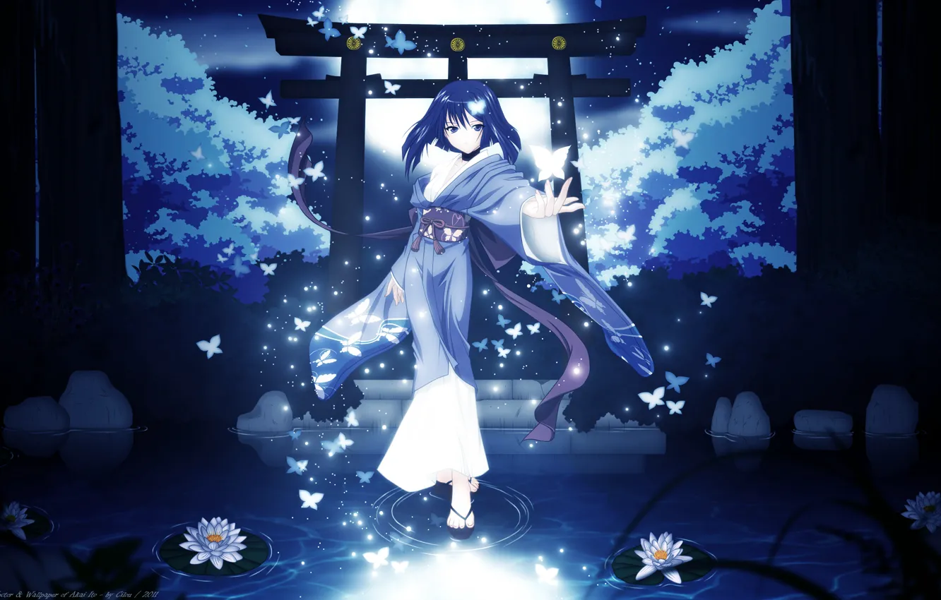 Фото обои девушка, деревья, бабочки, ночь, природа, луна, аниме, арт, кимоно, cilou, hatou yumei, akai ito