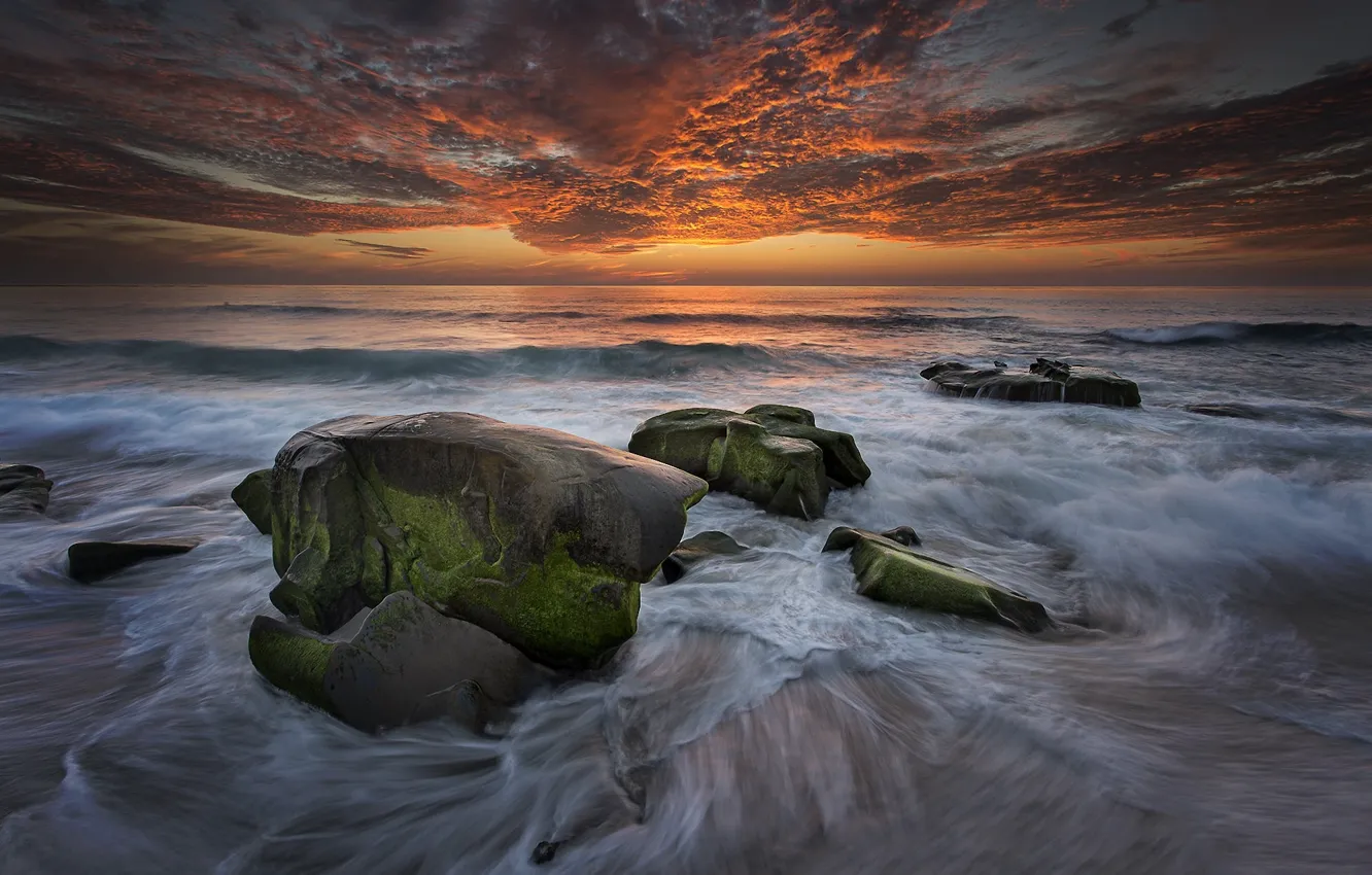 Фото обои волны, облака, пейзаж, закат, камни, океан, Калифорния, прибой, США, Ла-Хойа