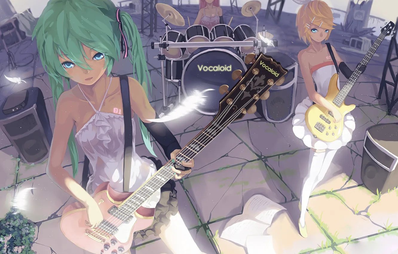 Фото обои девушки, игра, гитара, перья, барабаны, hatsune miku, megurine luka, kagamine rin, вокалоид