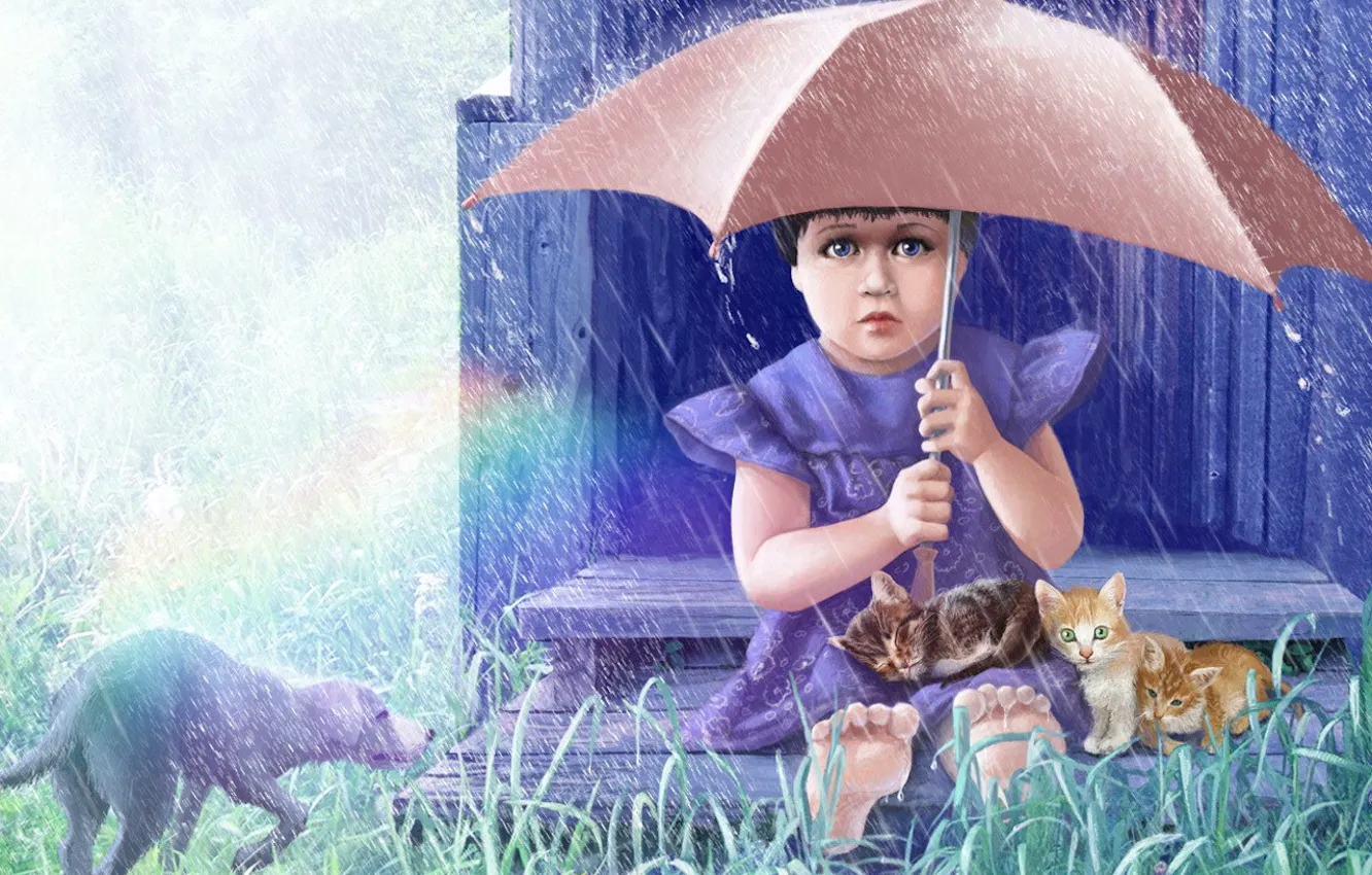 Фото обои животные, трава, дождь, рисунок, собака, зонт, девочка, котята