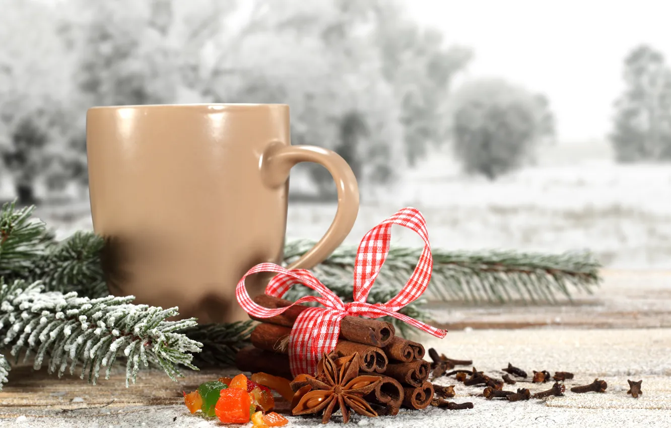 Фото обои зима, снег, веточка, чай, кофе, лента, сосны, winter, snow, cup, coffee...