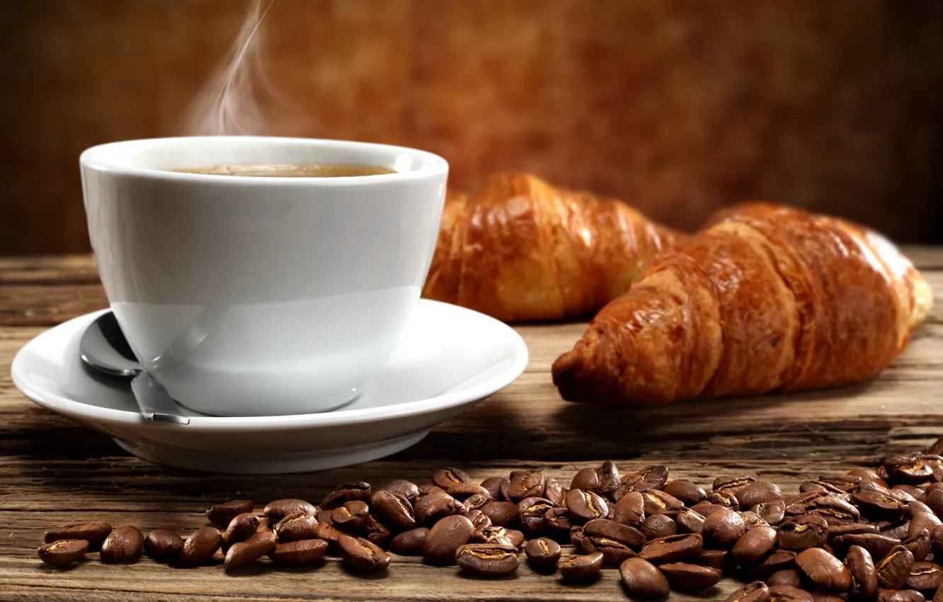 Фото обои кофе, горячий, завтрак, чашка, cup, beans, coffee, круассаны, croissant, breakfast