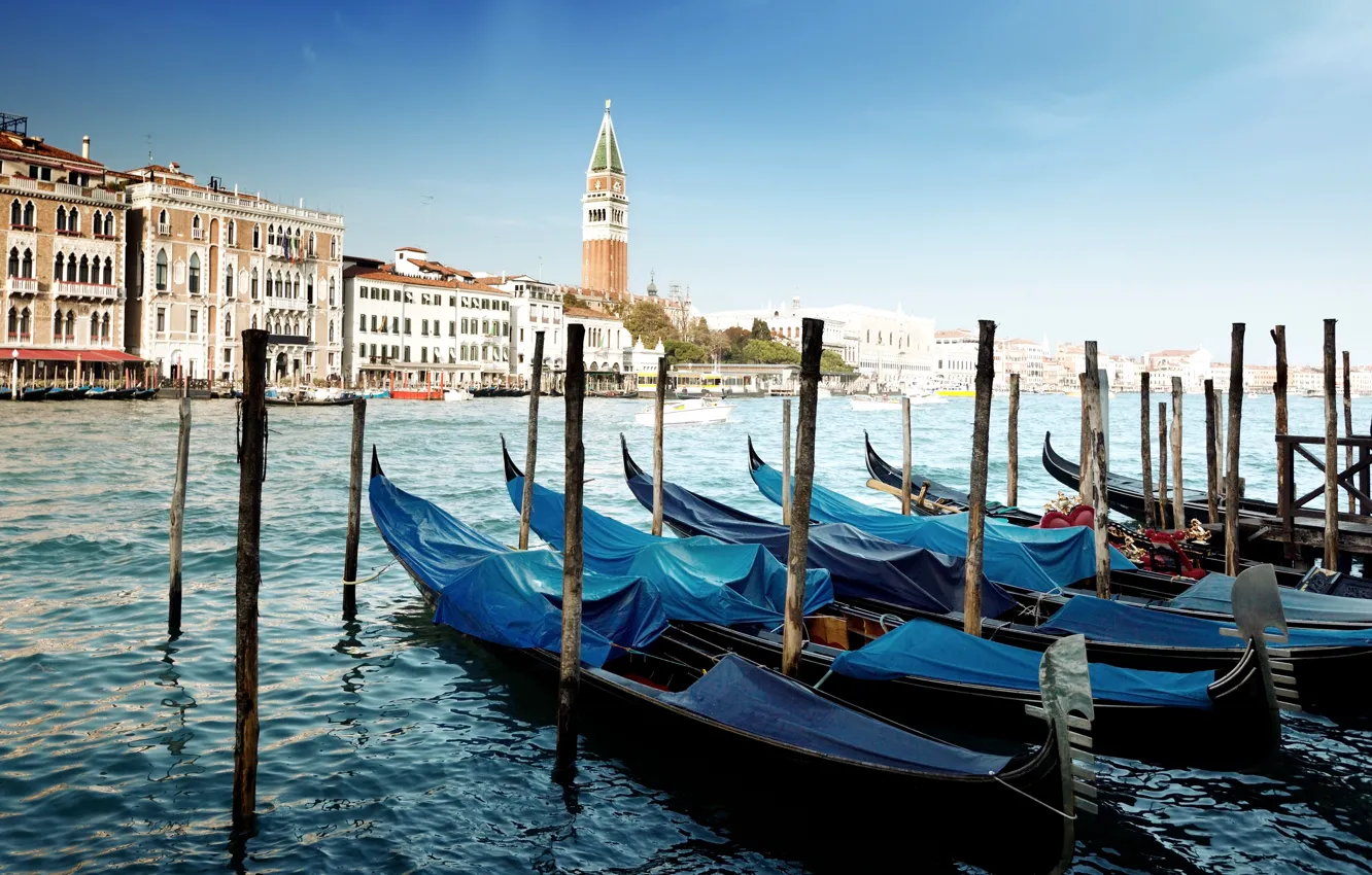 Фото обои море, вода, пристань, Италия, Венеция, канал, Italy, гондолы, Venice