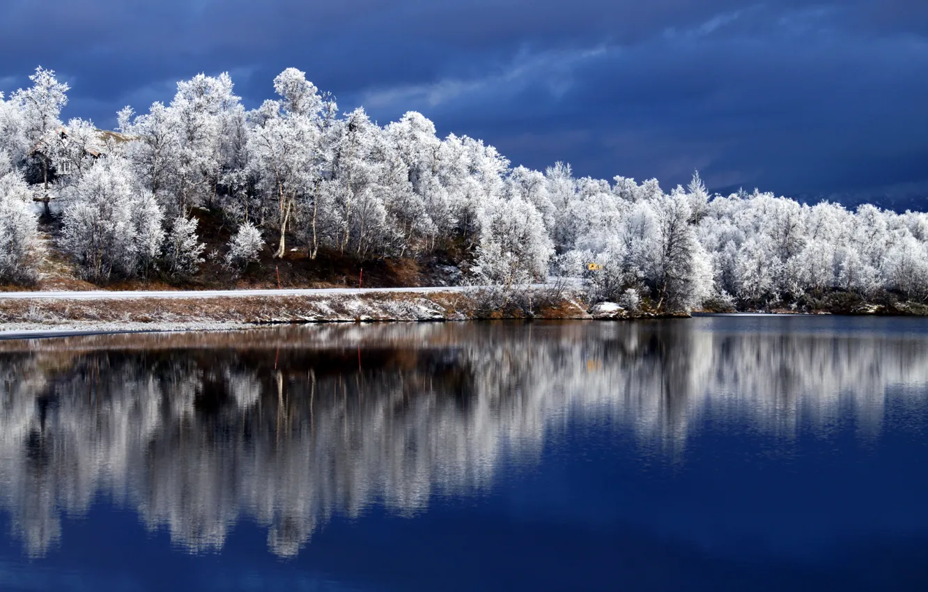 Фото обои зима, небо, деревья, отражение, река, иний