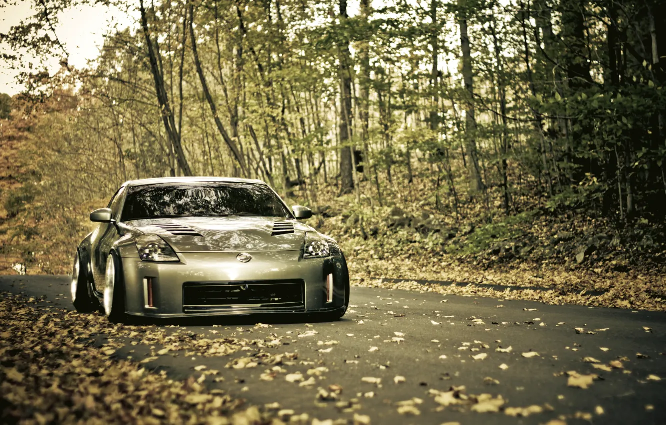 Фото обои дорога, осень, листва, Nissan, 350z