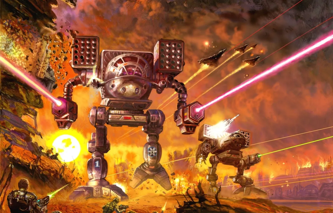 Фото обои fire, robot, war, explosions, battle, battletech. 