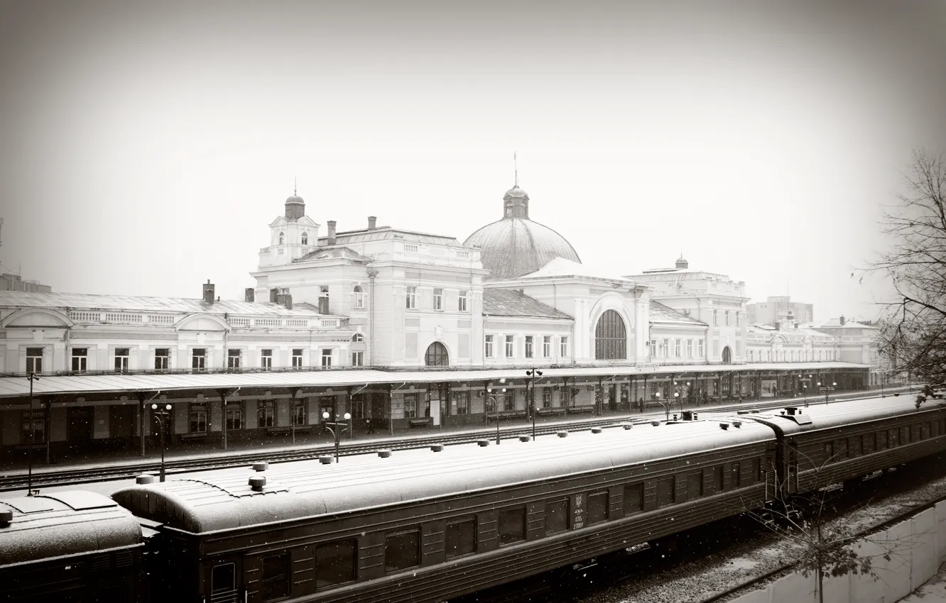 Фото обои зима, снег, вокзал, поезд, железная дорога, ивано-франковск