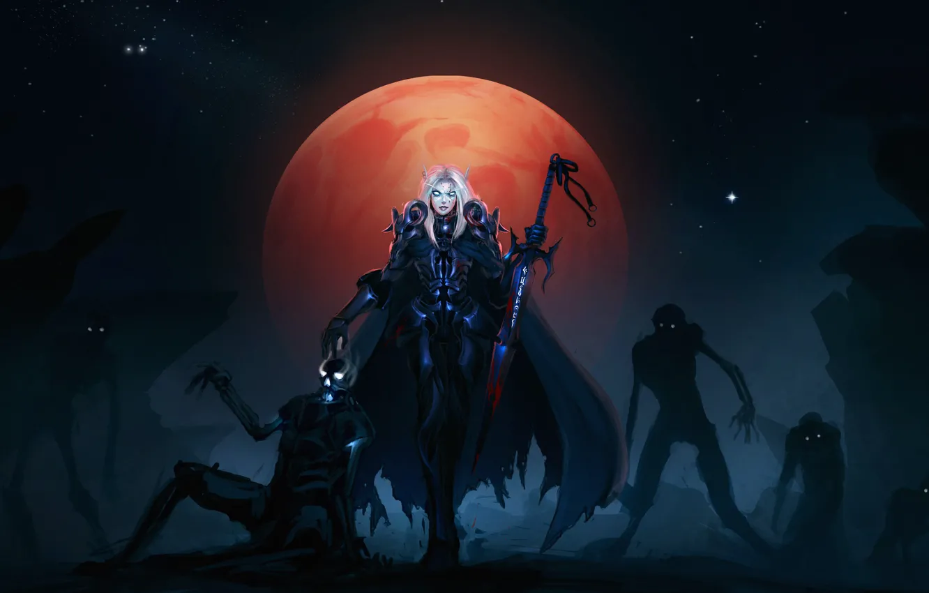 Фото обои луна, зомби, рыцарь, wow, нежить, смерти, blood elf, кровавая