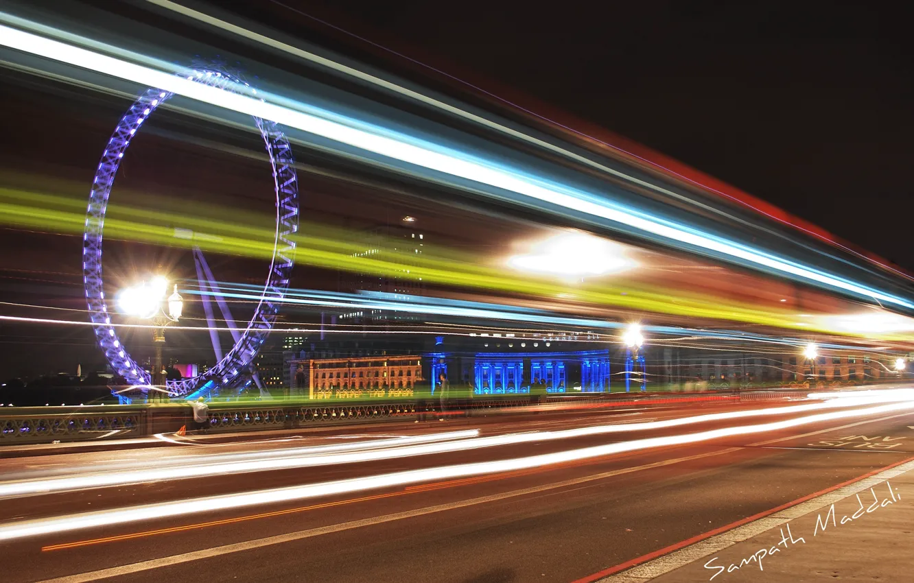 Фото обои ночь, огни, Лондон, колесо обозрения
