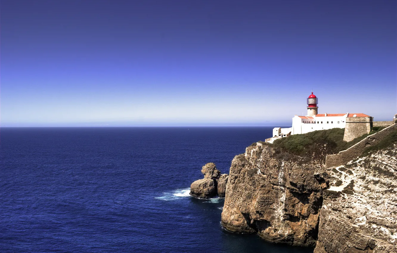 Фото обои sea, ocean, blue, Portugal, horizon, lighthouse, sunny, cliff, Algave