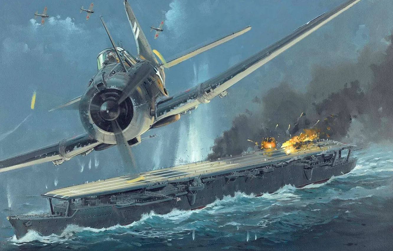 Фото обои небо, огонь, рисунок, взрывы, арт, авианосец, сражение, самолёты, японские, WW2, американские, ВМФ Японии, «Дзуйхо», залив …