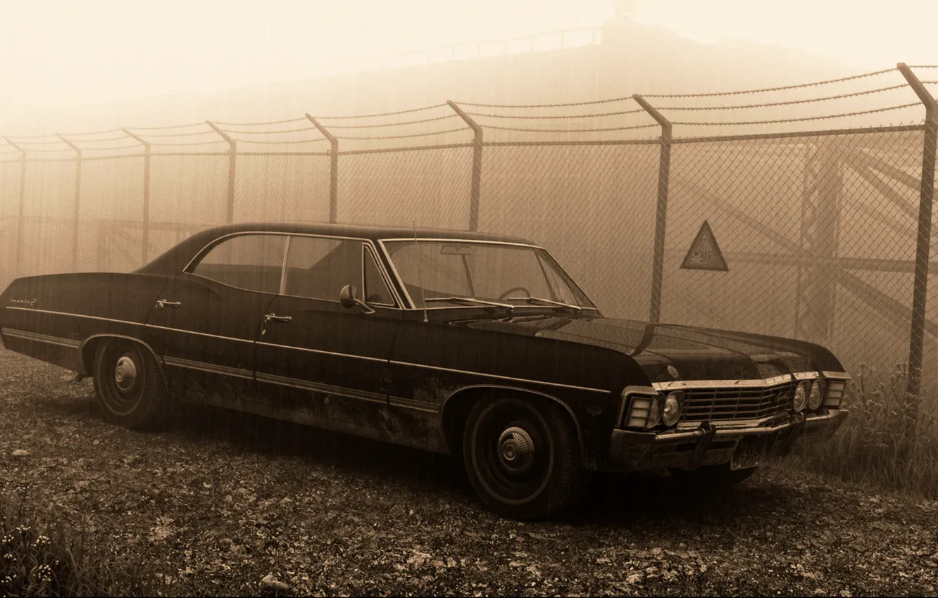Фото обои знак, забор, 1967, sedan, supernatural, hardtop, Сhevrolet Impala, пешотка