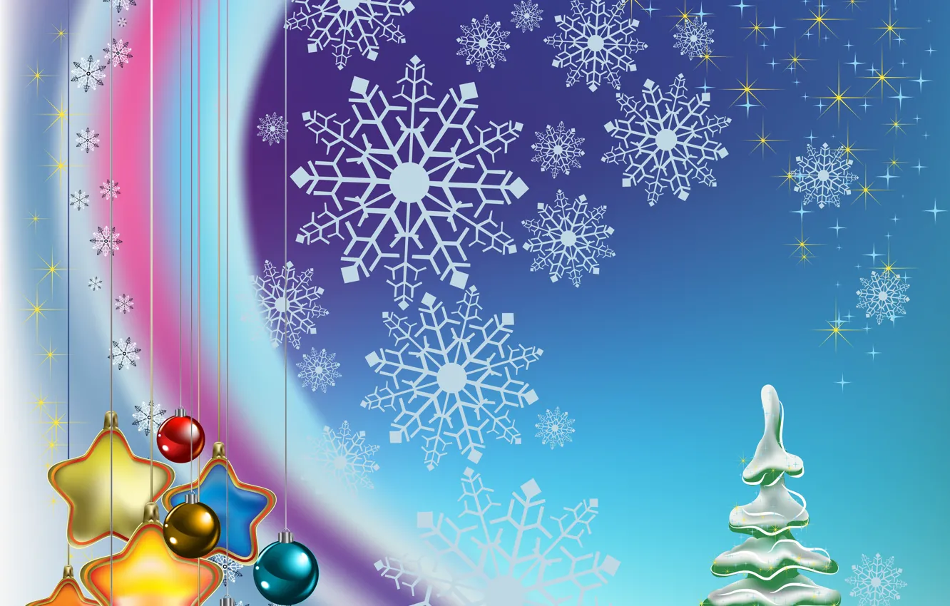 Фото обои звезды, шарики, украшения, снежинки, шары, игрушки, графика, елка, звёзды, Рождество, Новый год, ёлка