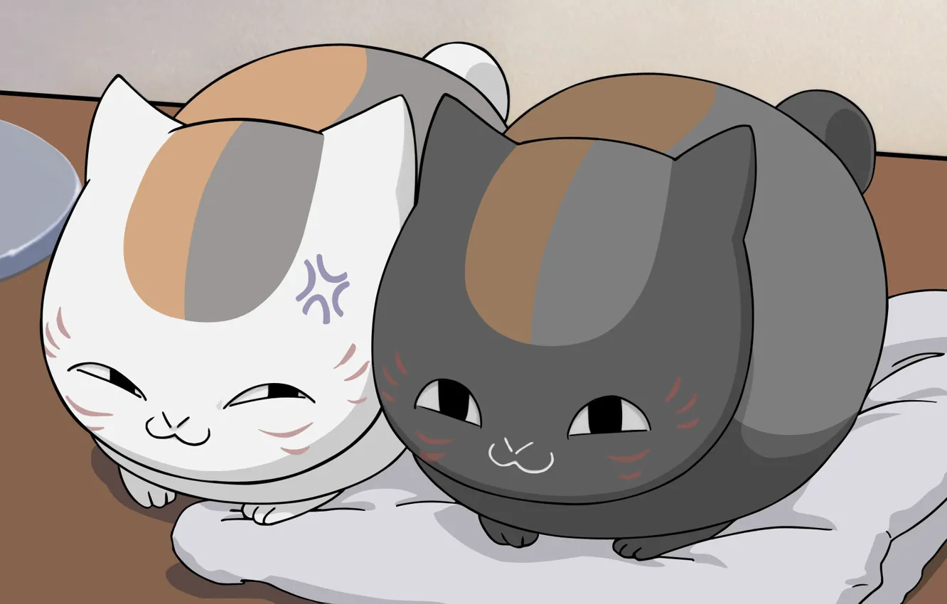 Фото обои кошки, аниме, чёрная, белая, серая, кавай, двое, сидят, прищурились, смотрят, аниме-кошечки