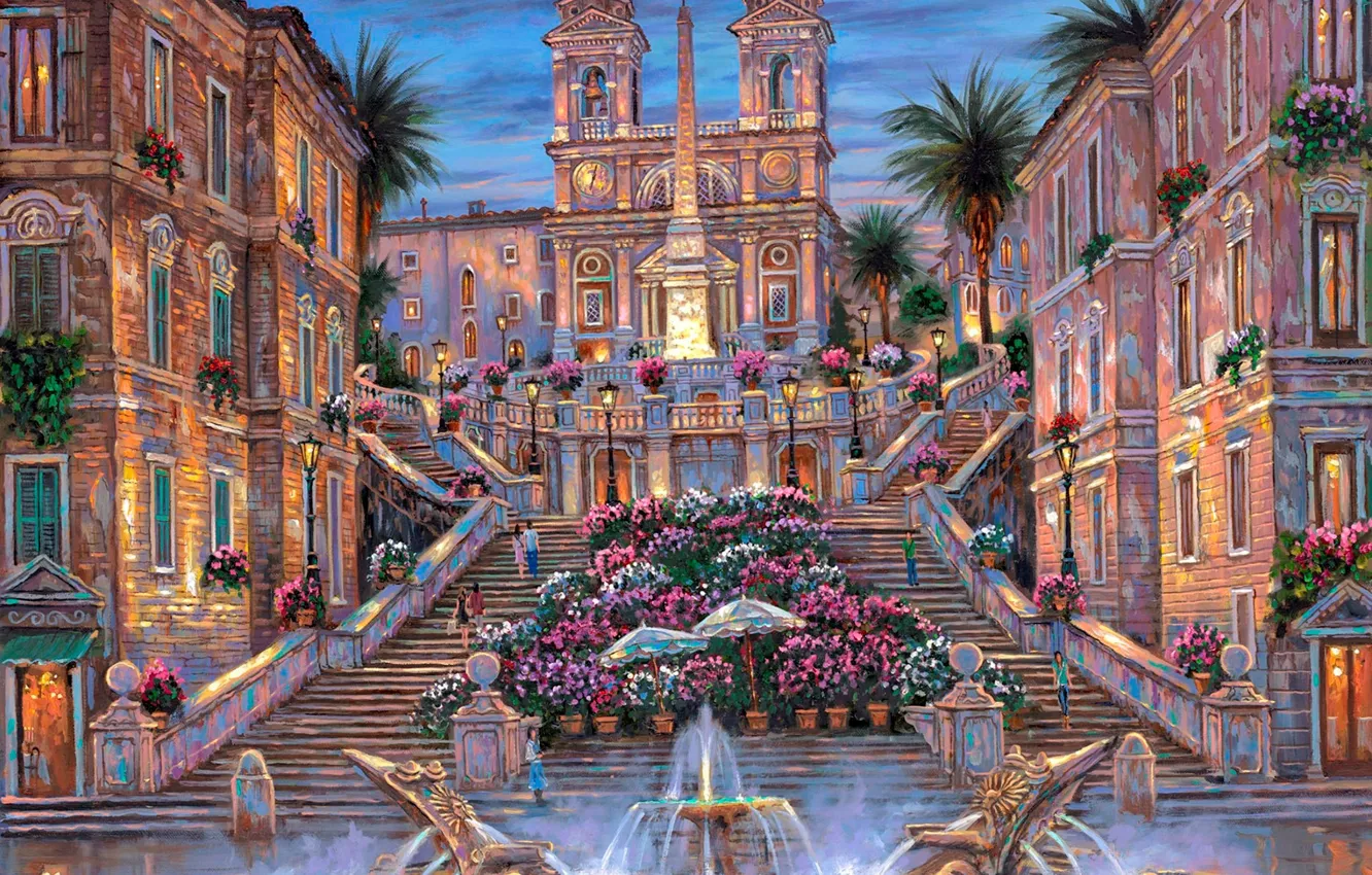 Фото обои цветы, пальмы, вечер, Рим, Италия, фонтан, лестницы, сумерки, живопись, Robert Finale, Rome. The Spanish Steps