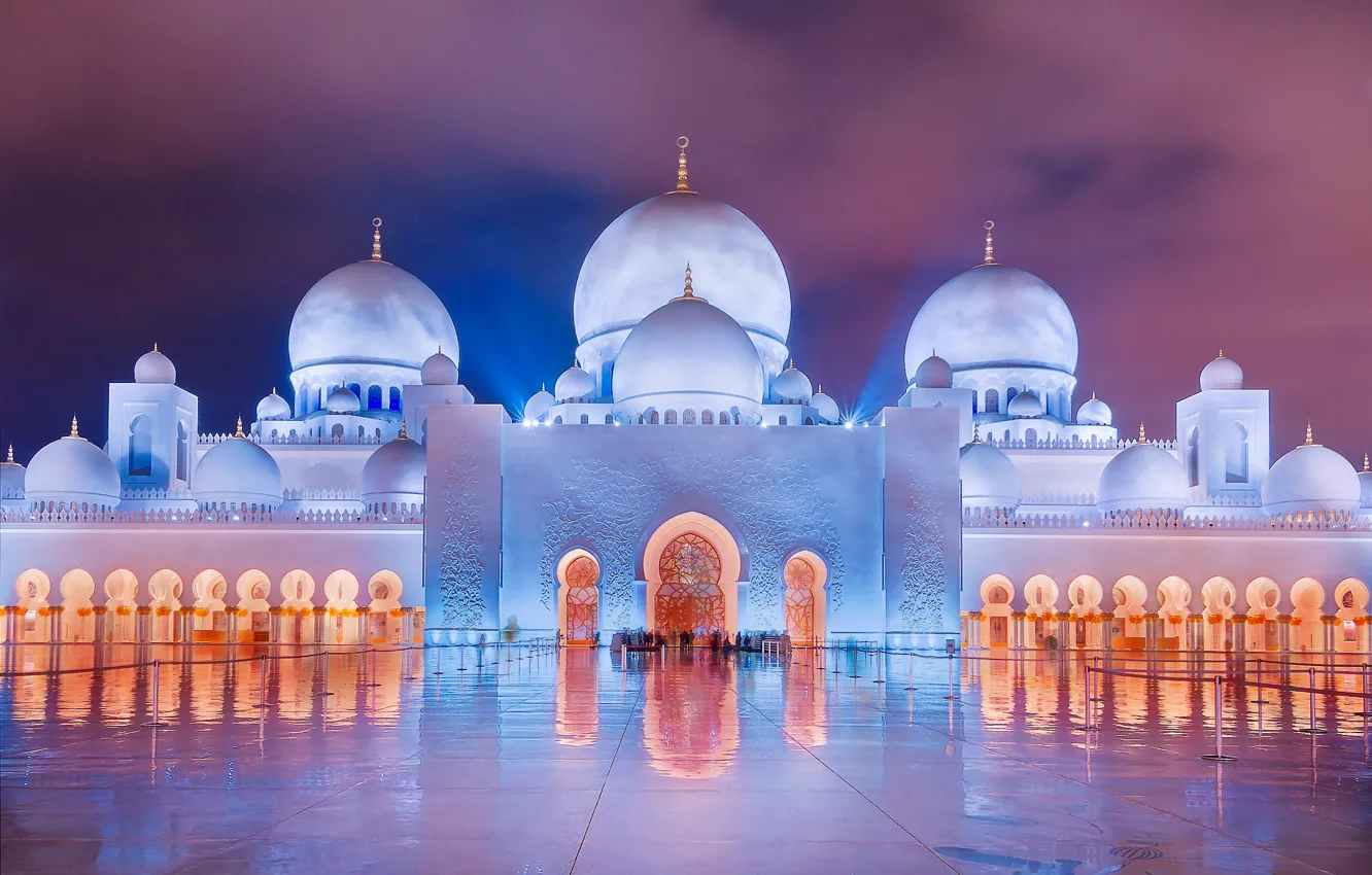 Фото обои вечер, освещение, мечеть, ОАЭ, купола, Мечеть шейха Зайда, Абу-Даби, ислам, Abu-Dhabi