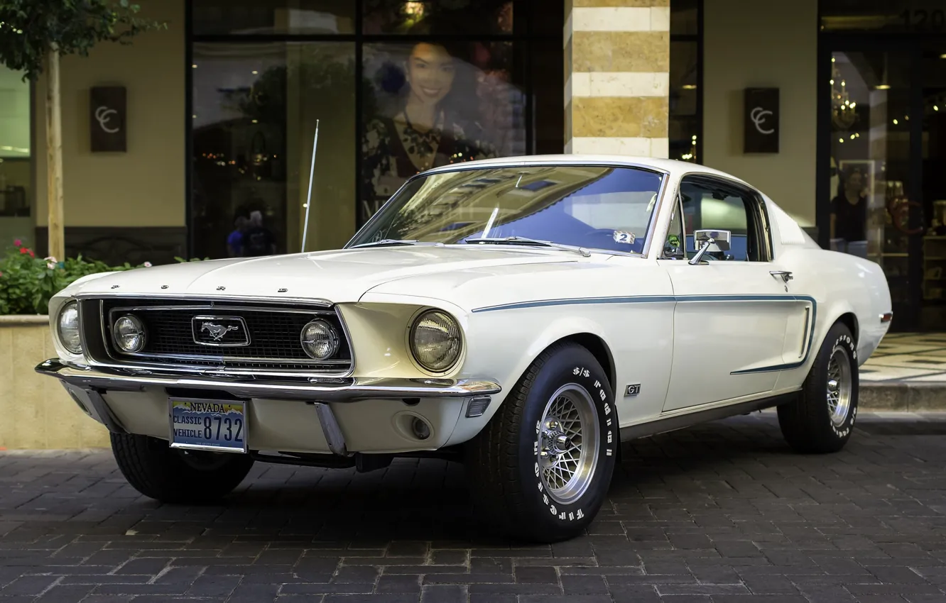 Фото обои белый, ретро, Mustang, Ford, классика, Мускул кар