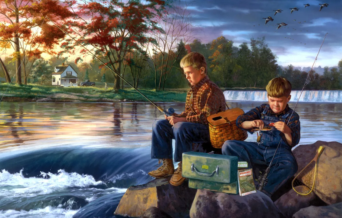 Фото обои река, камни, рыбалка, живопись, друзья, мальчики, ранняя осень, Charles Freitag, Fishing Buddies, стая уток