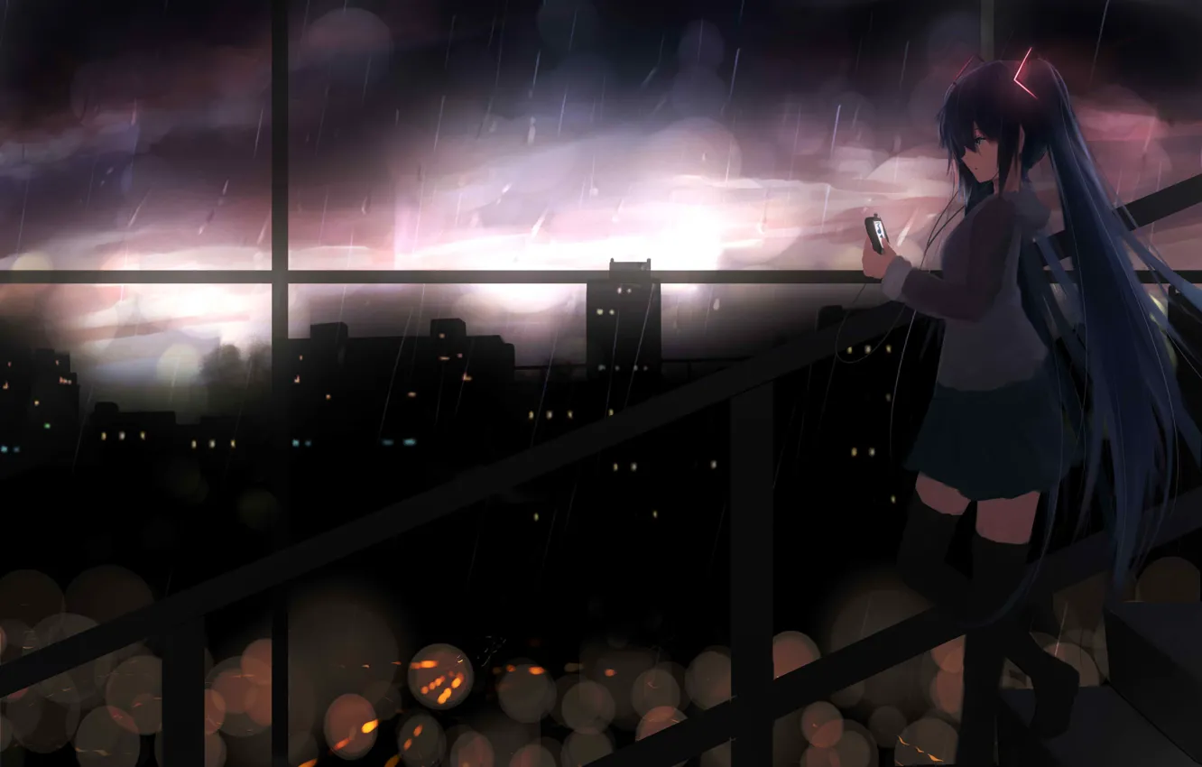 Фото обои девушка, город, дождь, аниме, наушники, арт, vocaloid, hatsune miku, shy