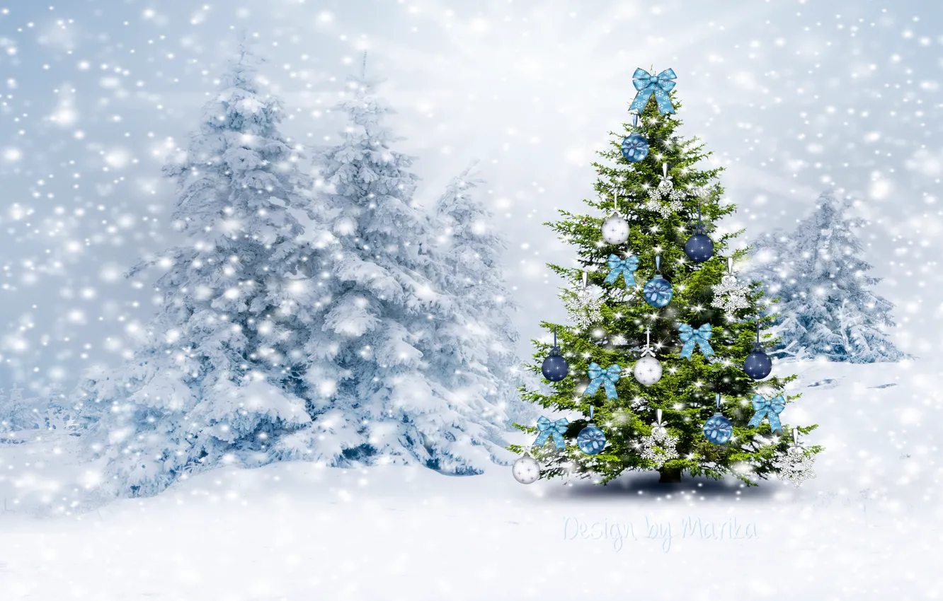 Фото обои зима, лес, снег, елка, Рождество, Новый год, forest, Christmas, winter, snow, tree, Design by Marika