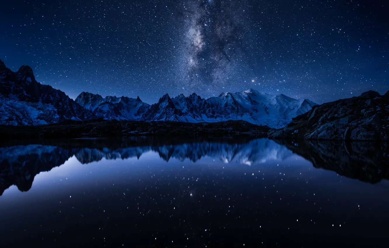Фото обои космос, звезды, горы, озеро, отражение, зеркало, Млечный Путь