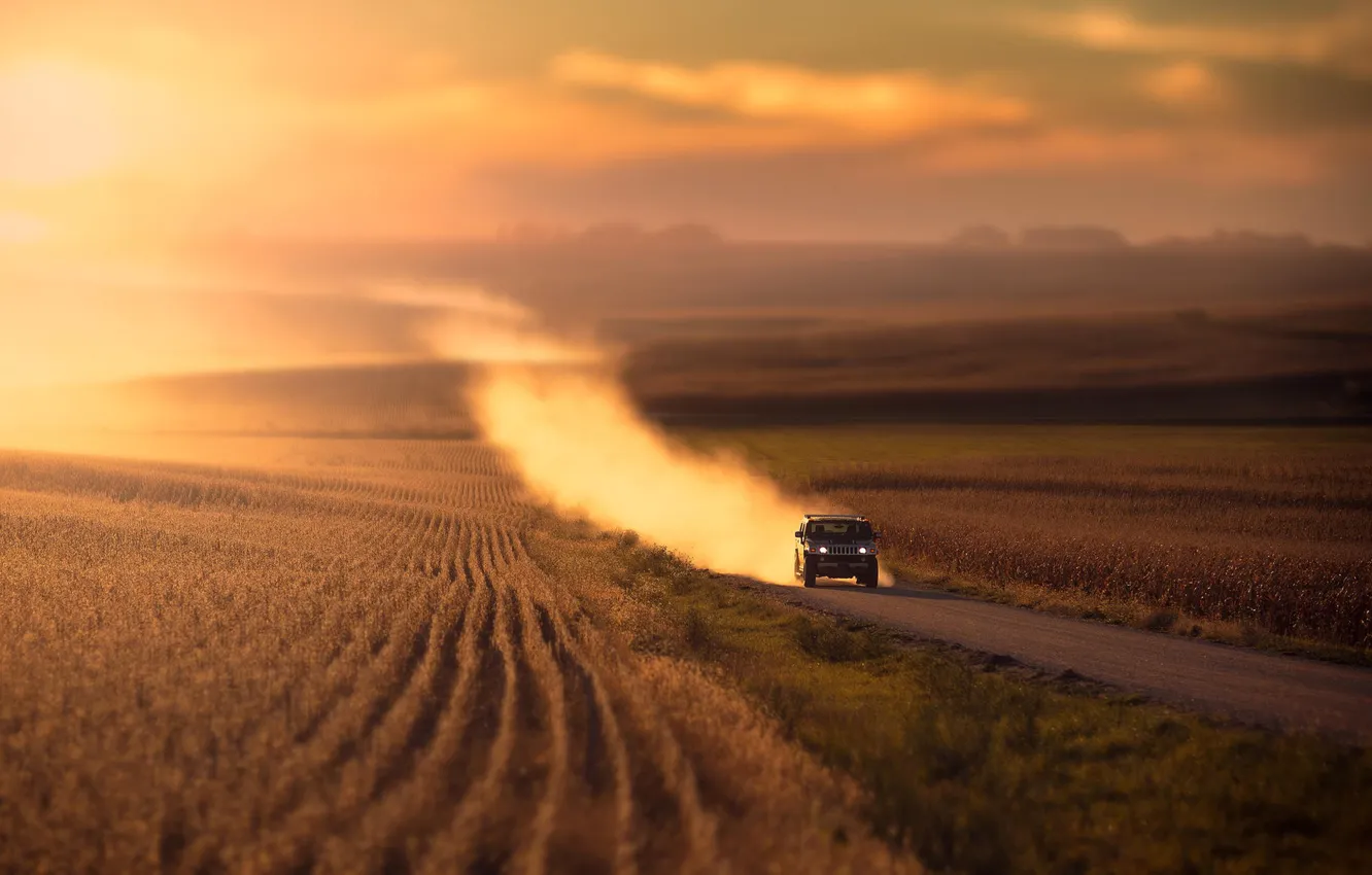 Фото обои дорога, машина, трава, свет, закат, природа, Поле, пыль