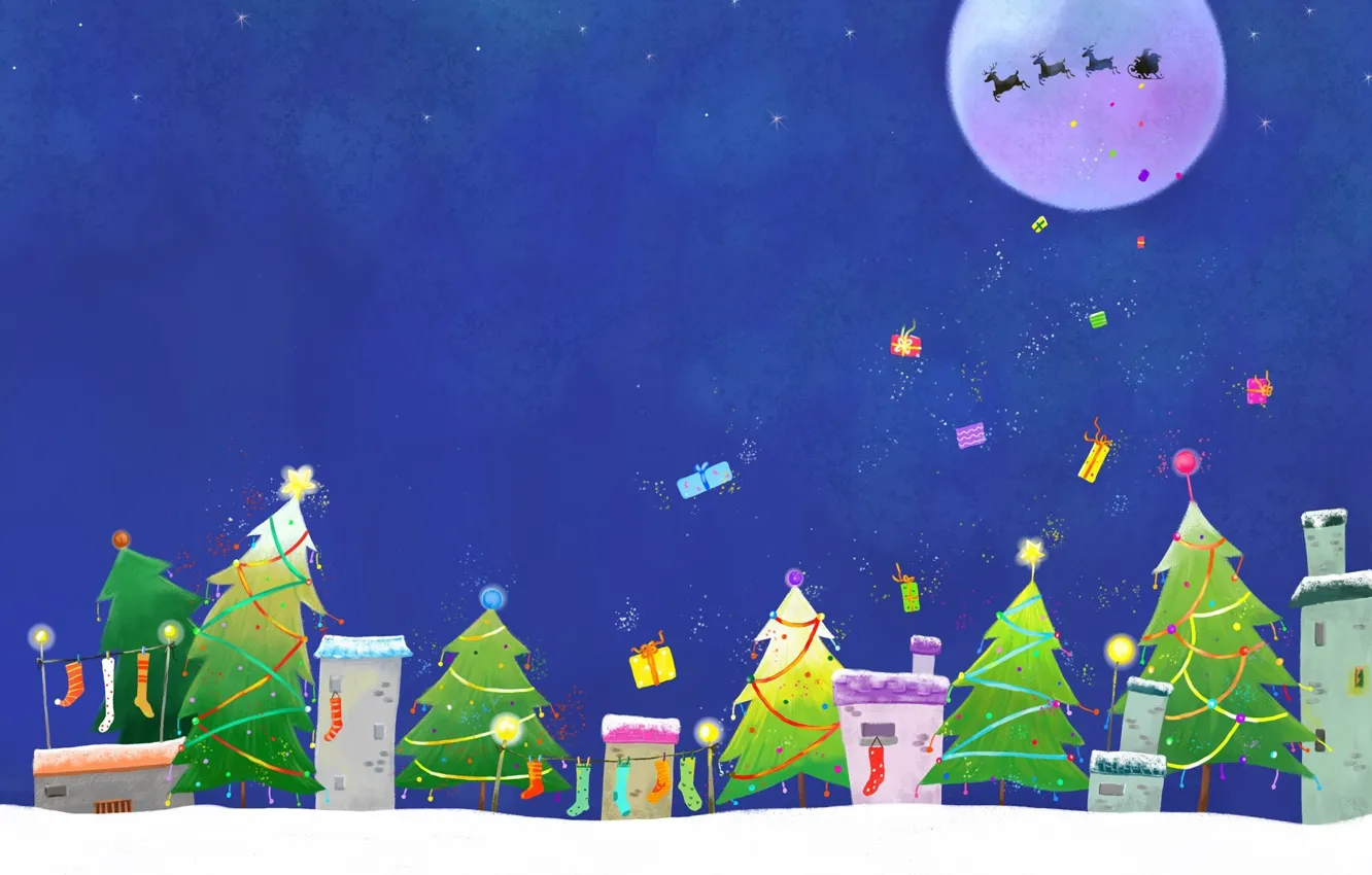 Фото обои зима, звезды, украшения, праздник, луна, новый год, рождество, огоньки, подарки, домики, носки, christmas, new year, …