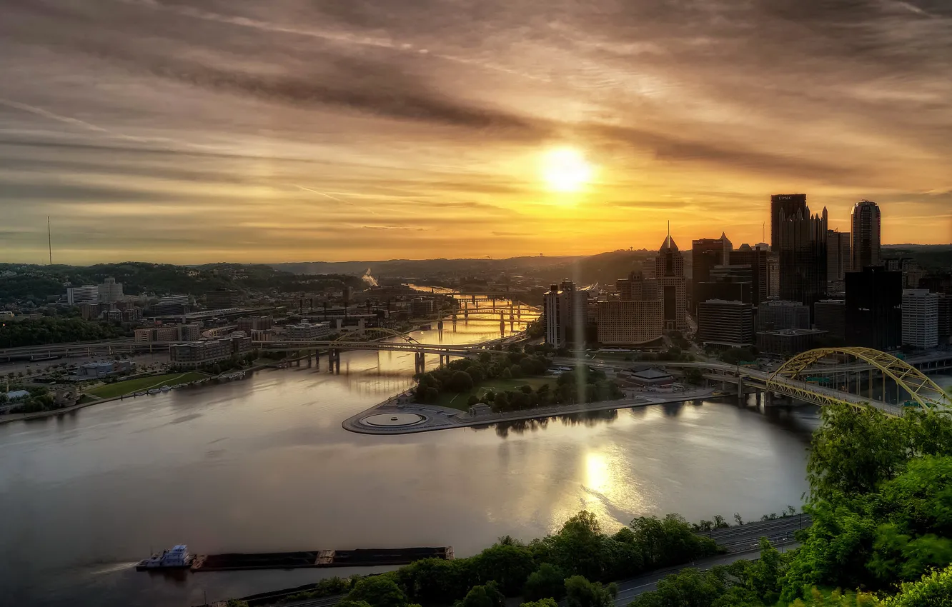 Фото обои пейзаж, река, рассвет, hdr, США, Пенсильвания, Питсбург
