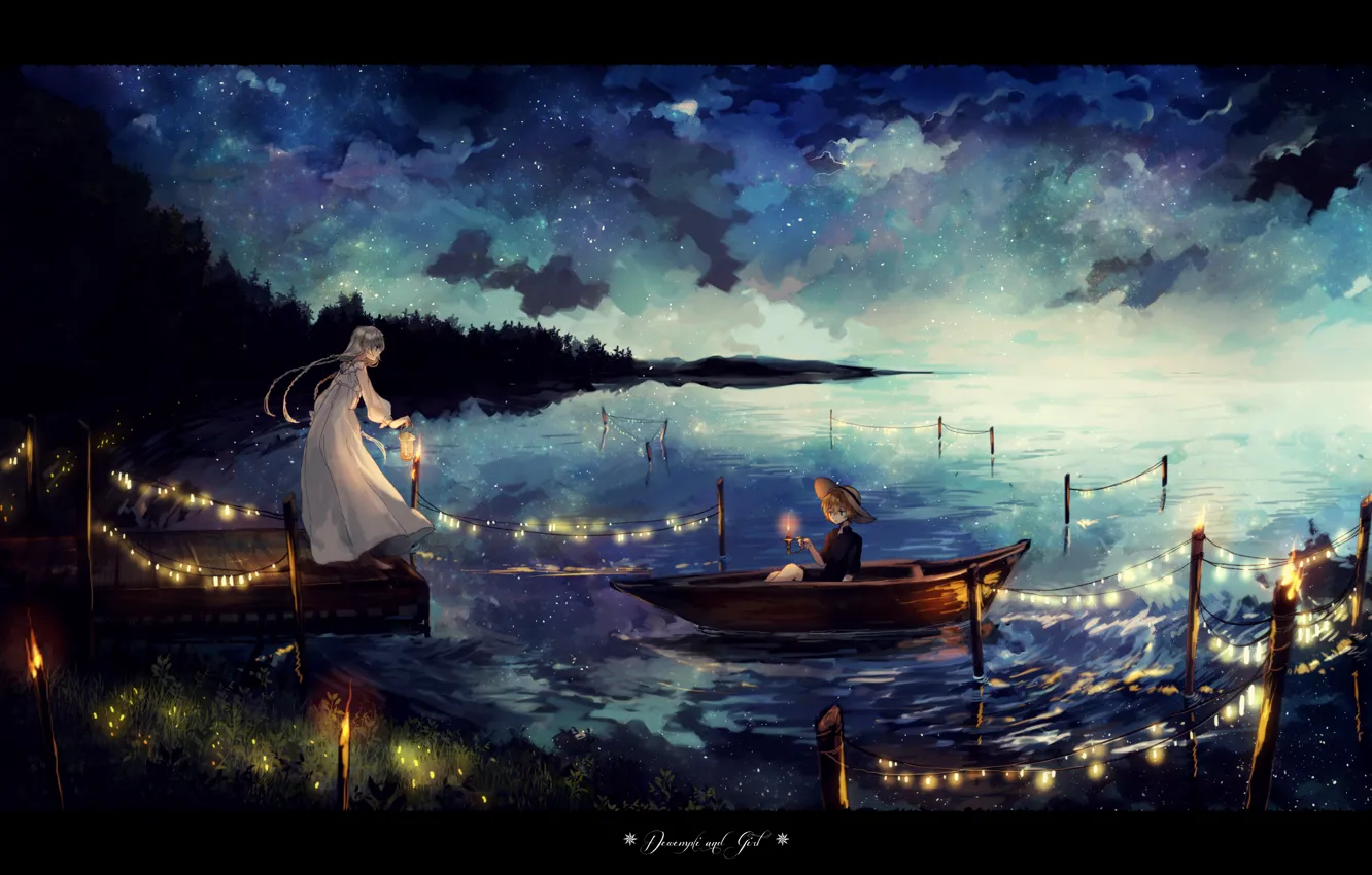 Фото обои небо, девушка, звезды, облака, ночь, озеро, лодка, шляпа, аниме, арт, фонарь, парень, гирлянда, canarinu