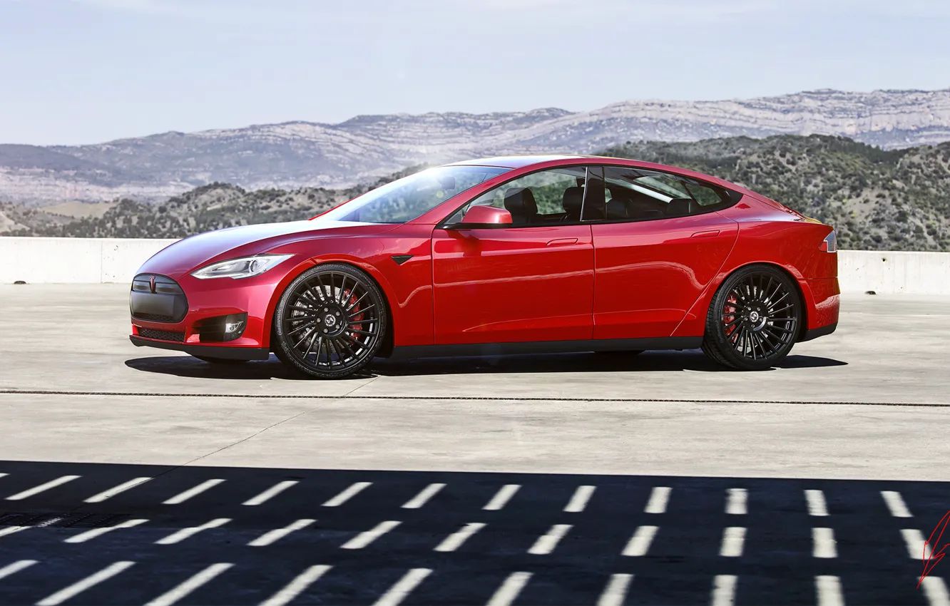Фото обои Red, Car, Sun, Tesla, Wheels, Model S, Glare
