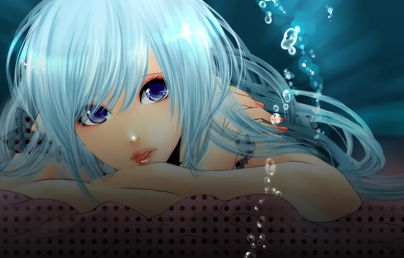 Фото обои вода, девушка, пузыри, лежит, vocaloid, hatsune miku