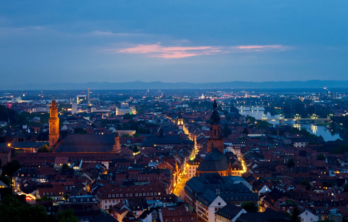 Фото обои закат, город, дома, вечер, Германия, панорама, улицы, Deutschland, Хайдельберг, Heidelberg