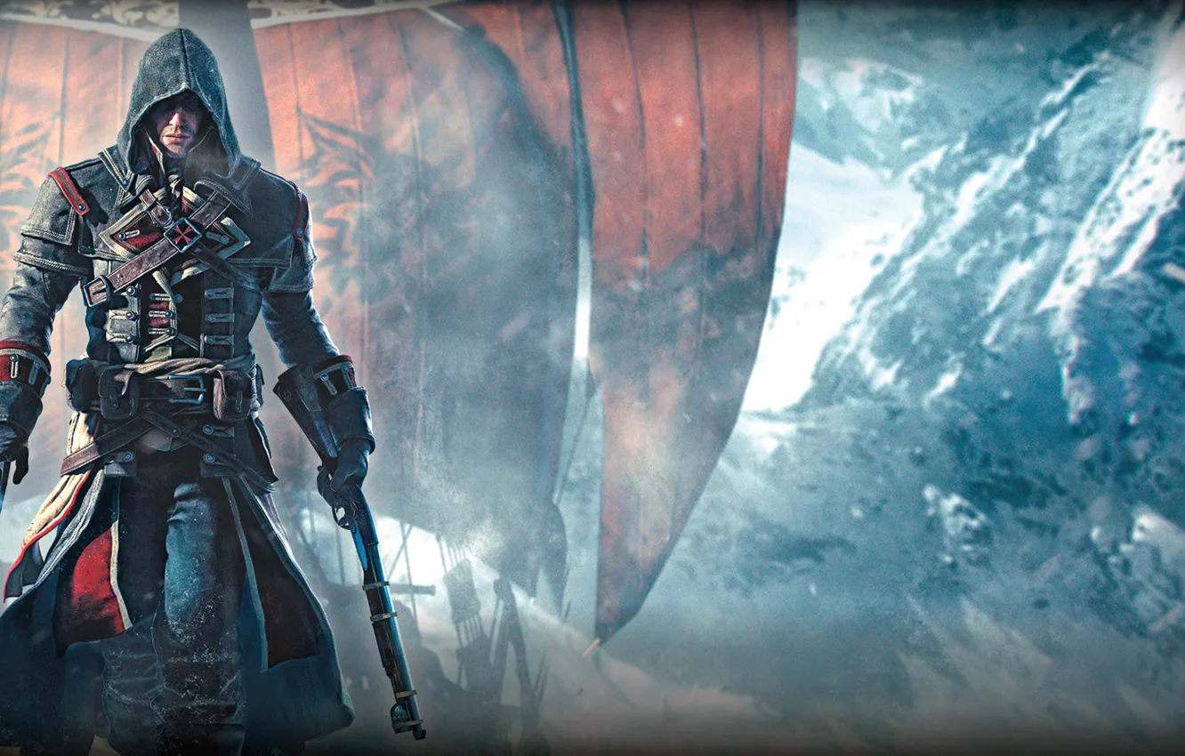 Фото обои снег, оружие, корабль, лёд, руки, капюшон, Тамплиер, паруса, убийца, Ubisoft, Game, Шэй Патрик Кормак, Assassin's …